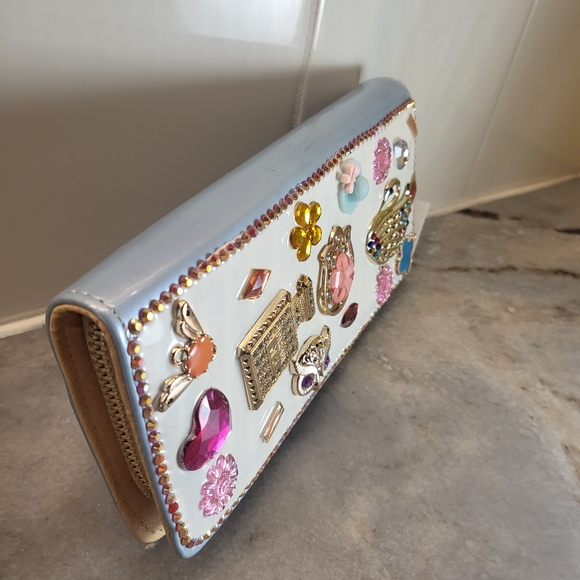 New Rhinestone Bling Accordion Zipped Wallet Peacock Owl Flower Gem Hat Blue - Picture 2 of 8